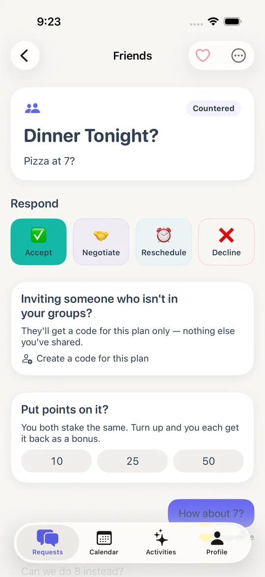 A plan mid-negotiation, with buttons to accept, suggest or decline