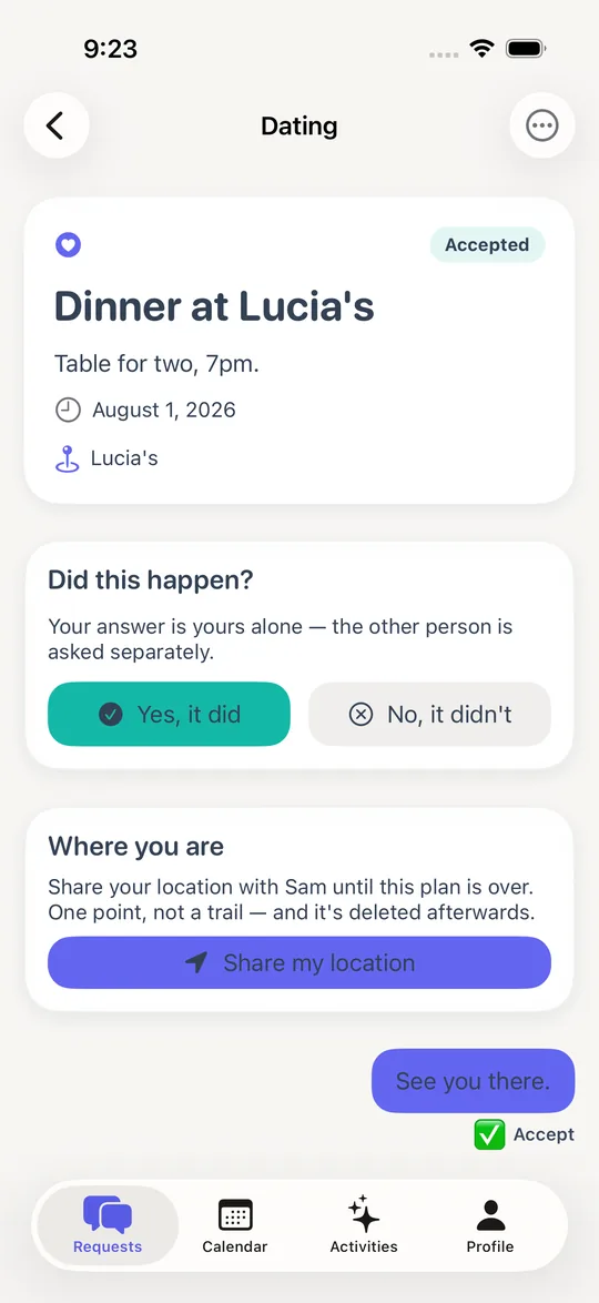 A plan asking whether it happened, with a button to share your location