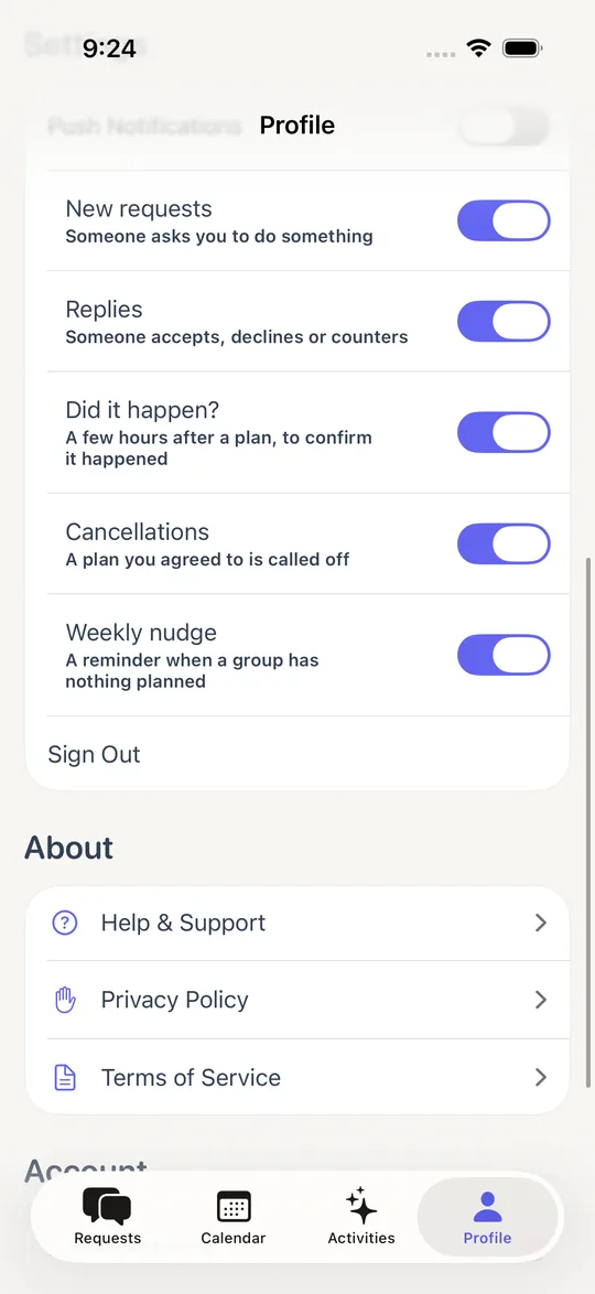 The notification settings, with a switch for each kind of alert